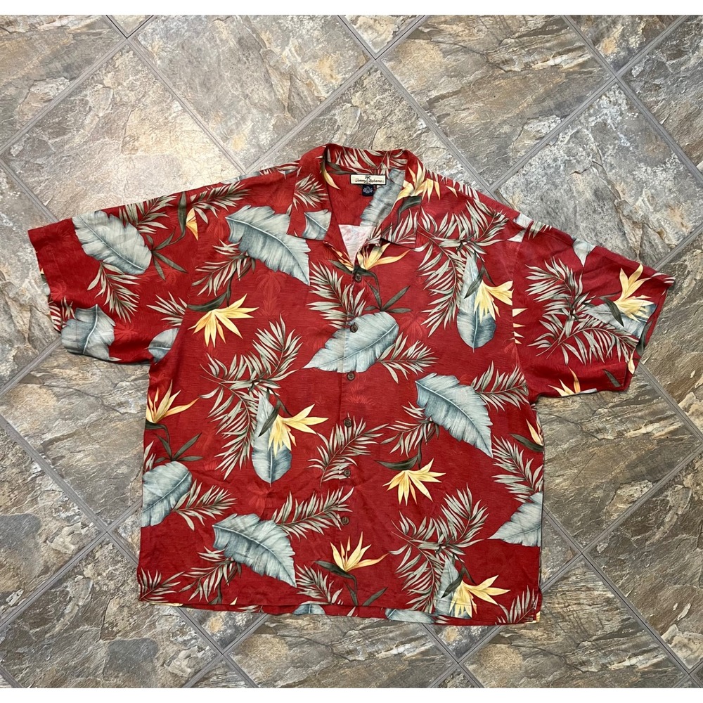 Tommy Bahama Shirt Mens XXL Red Silk Tropical Bird of Paradise Floral